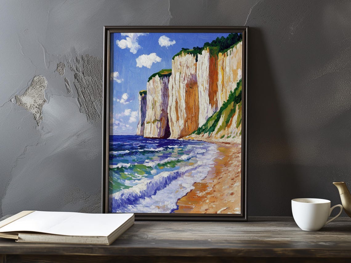White Chalk Cliffs with Foamy Surf and Sand Beach Impressionist Poster
