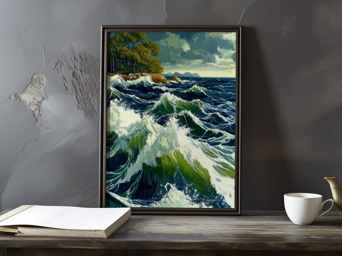 Crashing Waves by a Rocky Shore with Pine Trees Maritime Art Poster