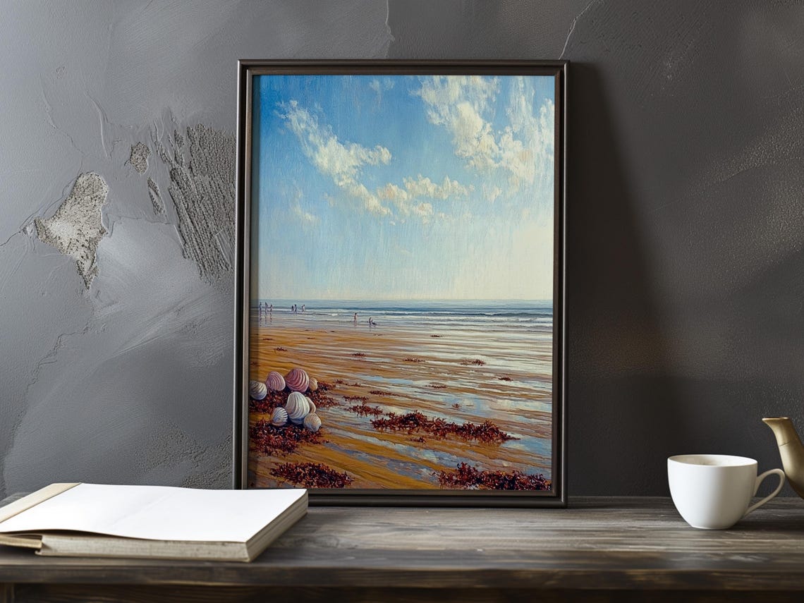 Low Tide Beach with Seaweed Under Big Clouds Impressionist Poster