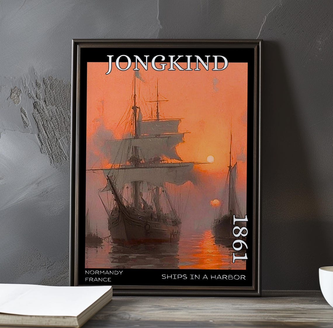 Jongkind Ships in a Harbor Full-Sailed Tall Ship at Red Dusk Poster