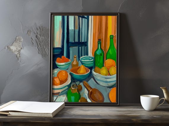 Still Life With Bottles And Bowls Paul Cezanne Inspired Impressionist Art Print French Poster Gallery Style Painting Printed