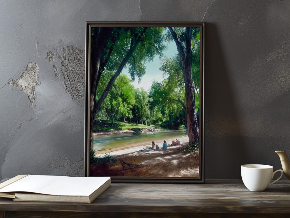 Friends Relaxing on a Sandy River Beach Beneath Tall Trees Poster