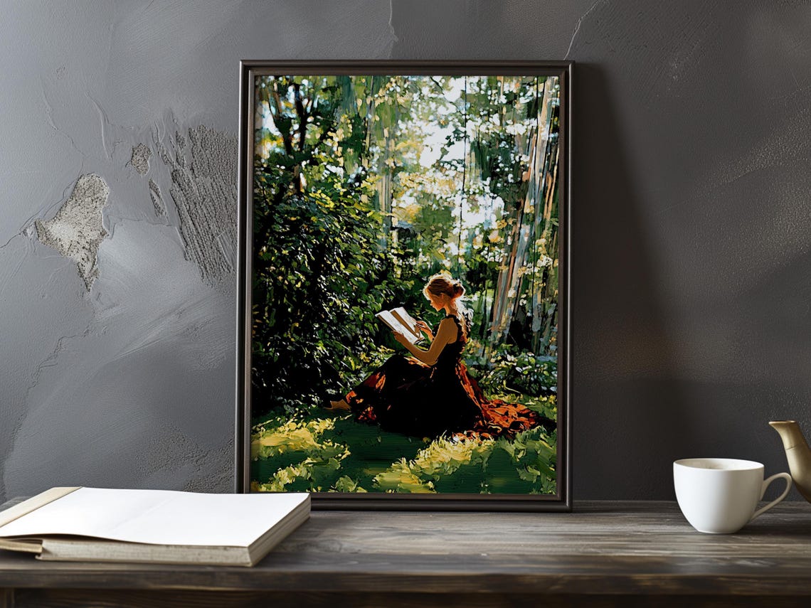 Woman Reading A Book In A Quiet Sun-Dappled Forest Glade Poster