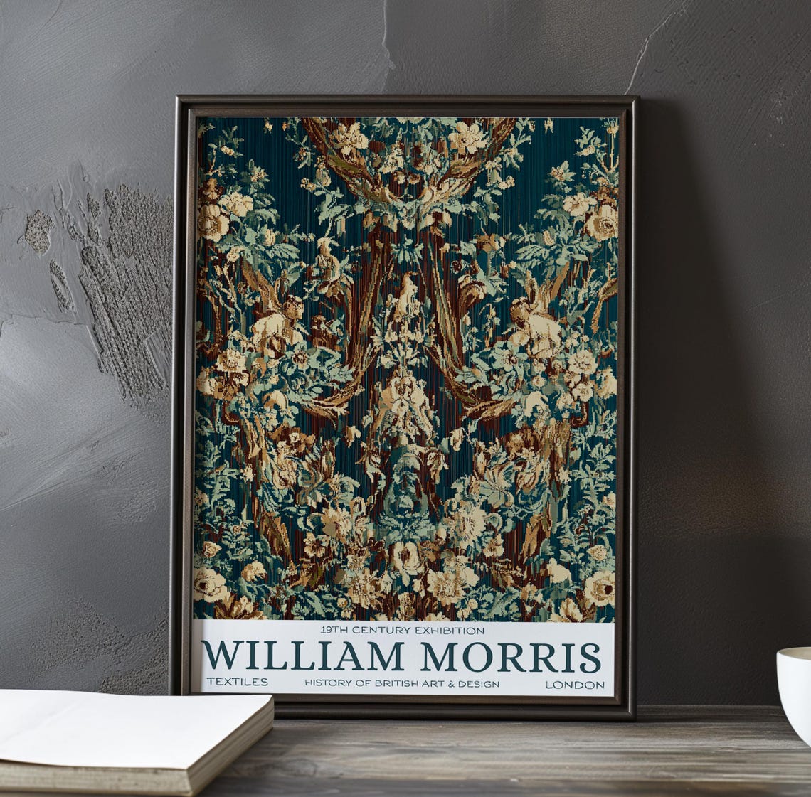 William Morris Cherubs Among Blossoms Dark Teal Tapestry Poster