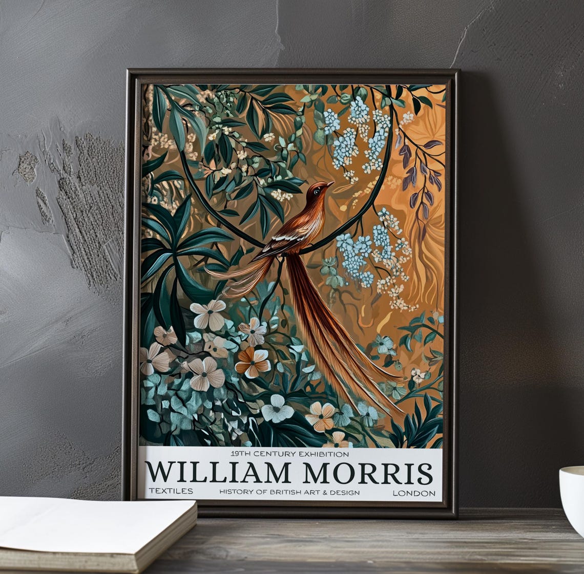 William Morris Long Tailed Bird Amber Foliage Textile Poster