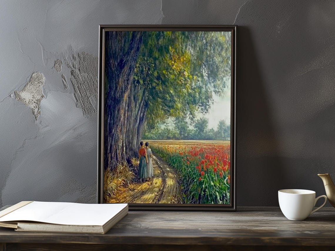 Two Figures on a Rural Path Beside a Crimson Poppy Field Poster