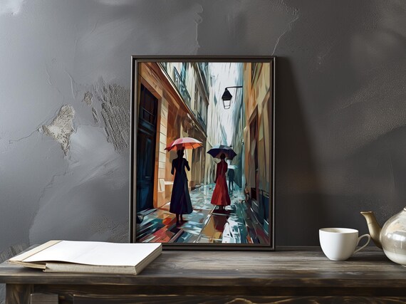 Two Women With Umbrellas in a Rainy Alley Impressionist Art Poster