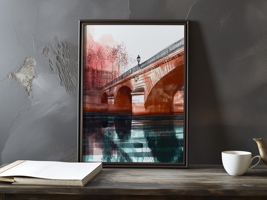 Rust Red Bridge Arch With a Lamppost in a Parisian Cityscape Poster