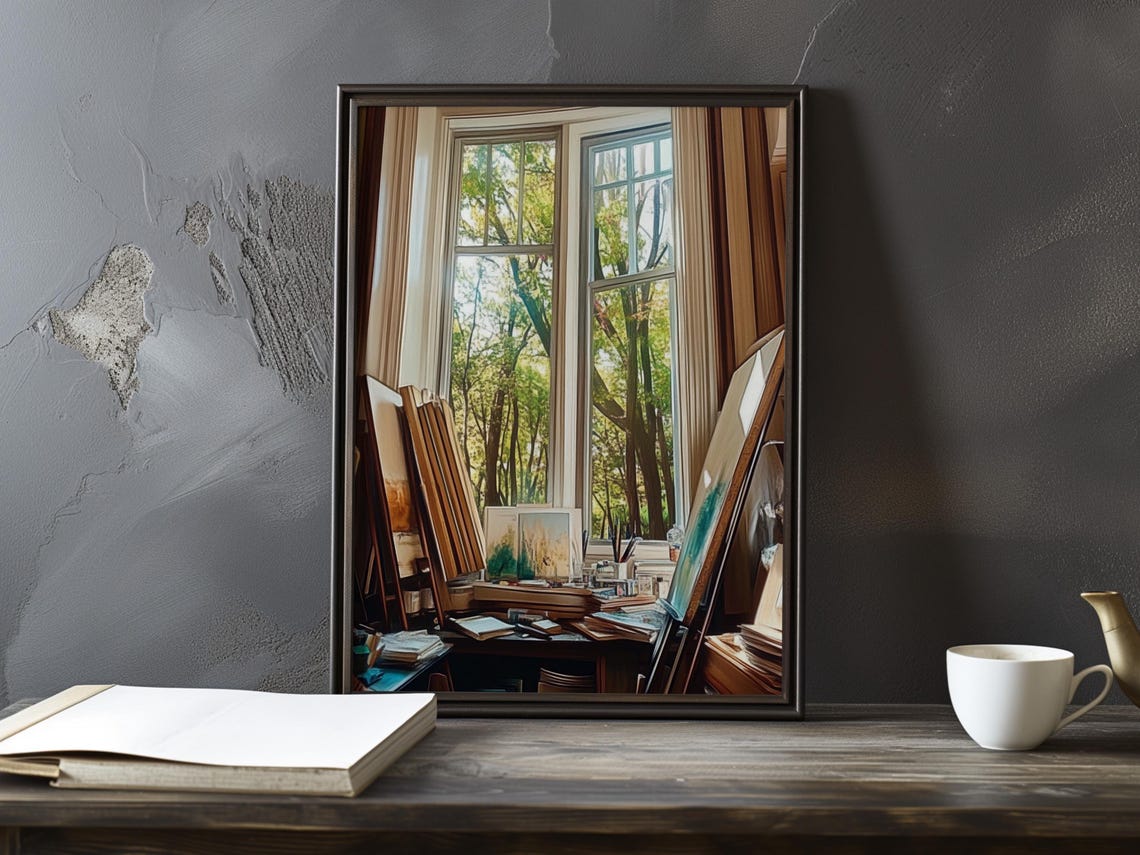 Artist Corner Studio With Canvases By A Forest Window Poster