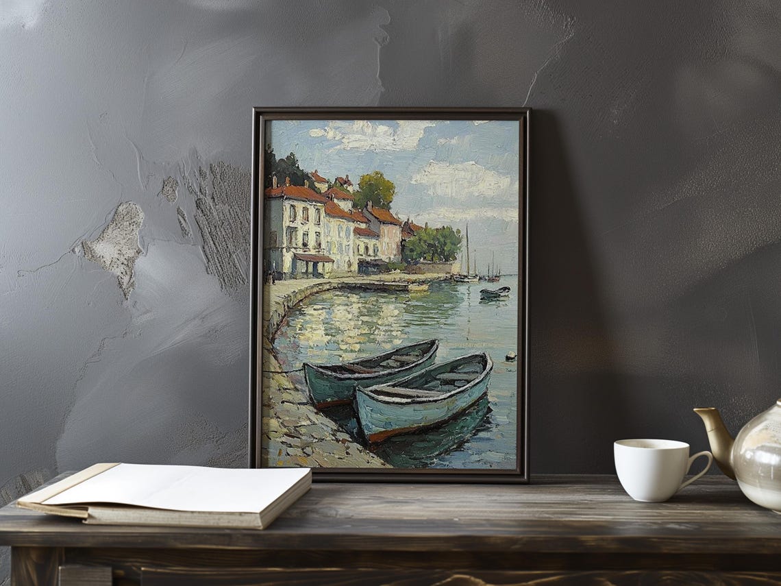 Mediterranean Waterfront Village with Red Roofs and Rowboats Poster