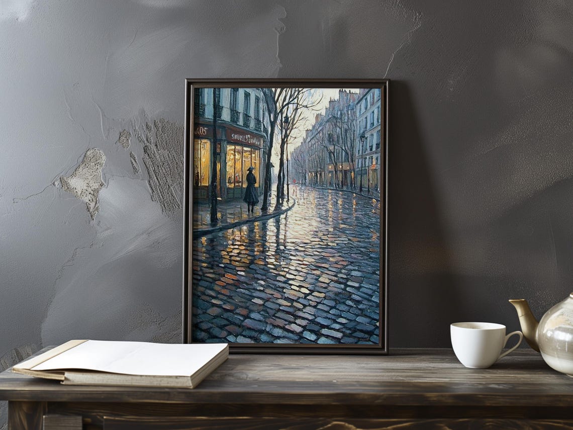 Lone Figure With Umbrella on a Rainy Paris Street at Night Art Poster