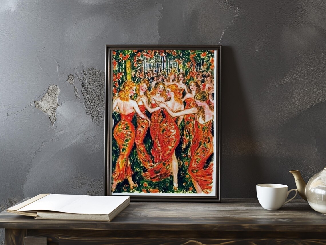 Renoir-Inspired Women Dancing in Colorful Floral Dresses Poster
