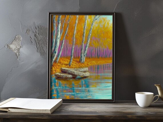 Autumn Birch Trees and Canoe on Turquoise Water Impressionist Poster