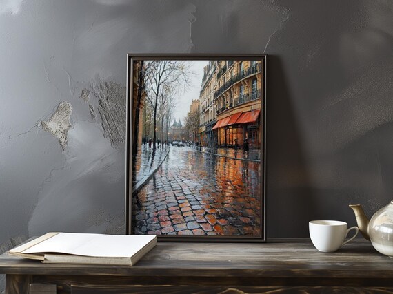 Rainy Paris Boulevard With Orange Awnings and Wet Reflections Poster