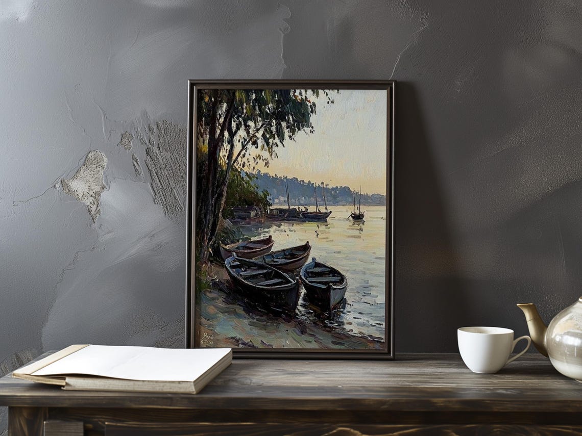Dark Rowboats Moored at Dusk Beneath Tall Trees Impressionist Poster