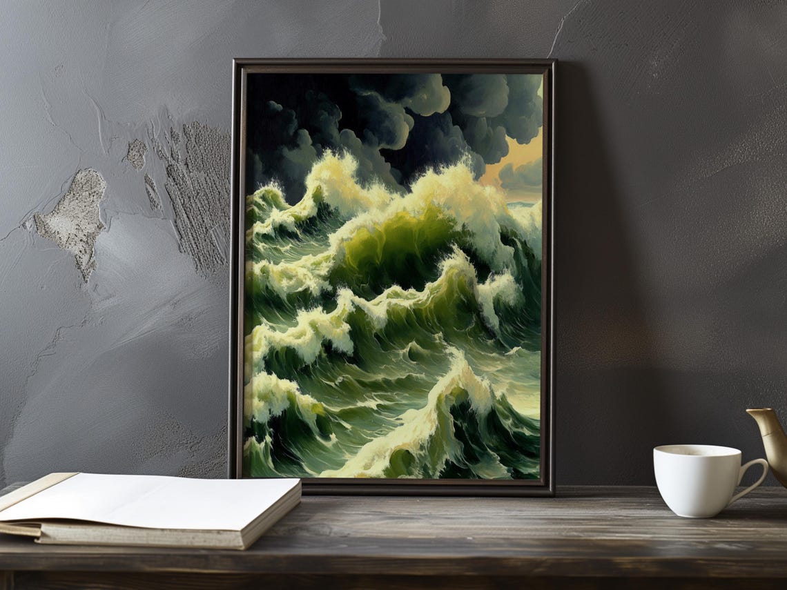 Dramatic Stormy Seascape with Towering Green Waves Art Poster
