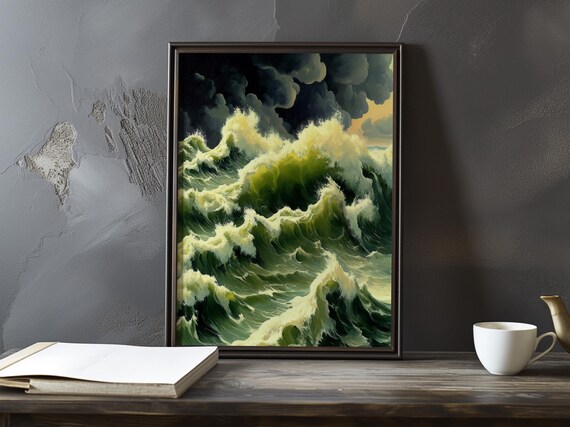 Dramatic Stormy Seascape with Towering Green Waves Art Poster