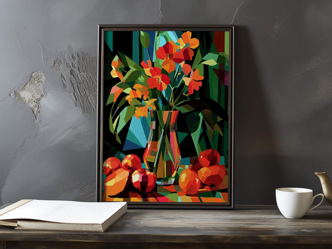 Geometric Red Orange Flowers Modernist Still Life Art Poster