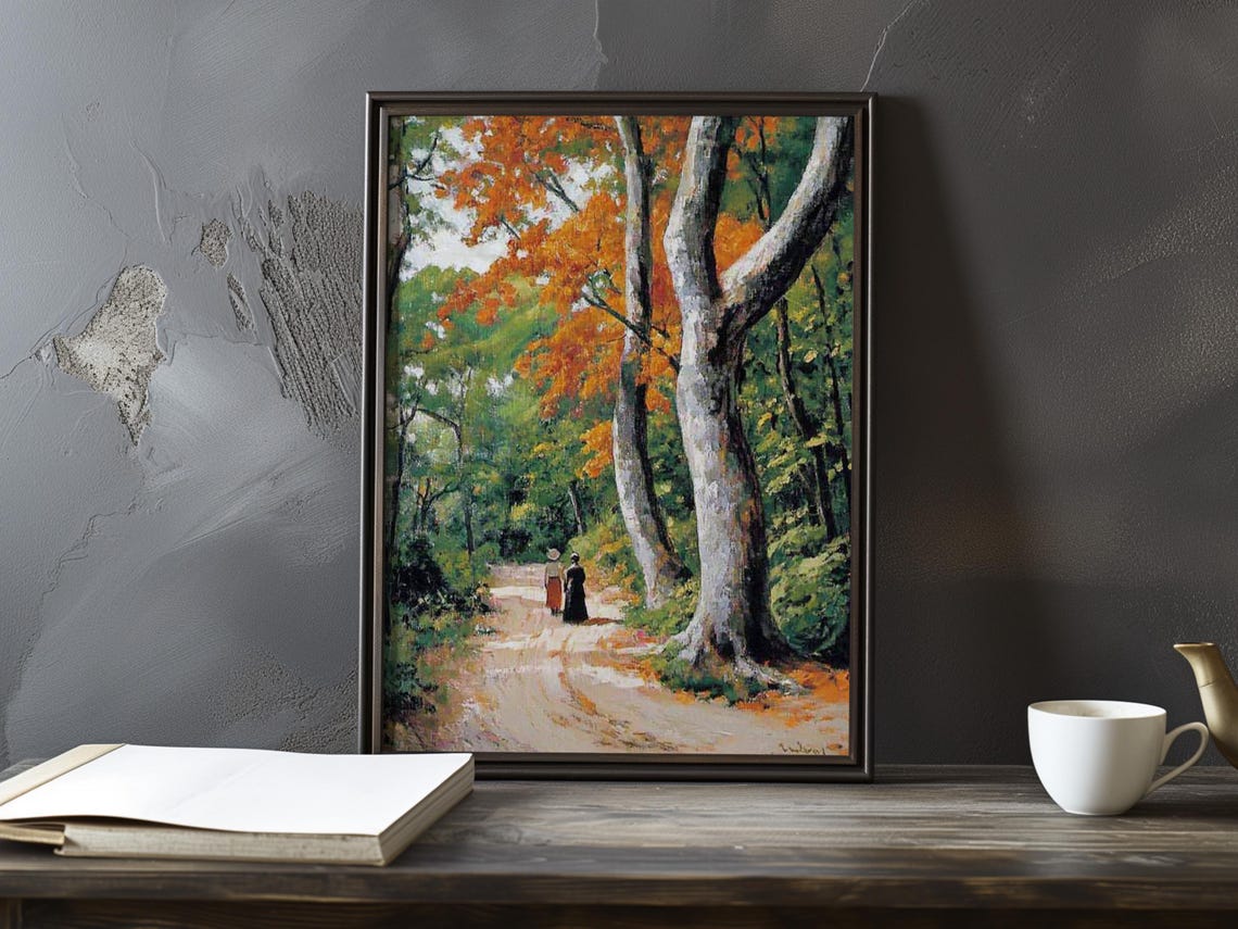 Two Figures Strolling a Forest Path in Autumn Painting Poster