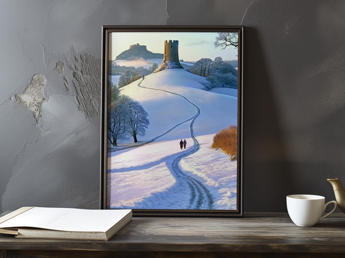 Snowy Hill With Castle Tower And Winding Sled Tracks At Dusk Poster