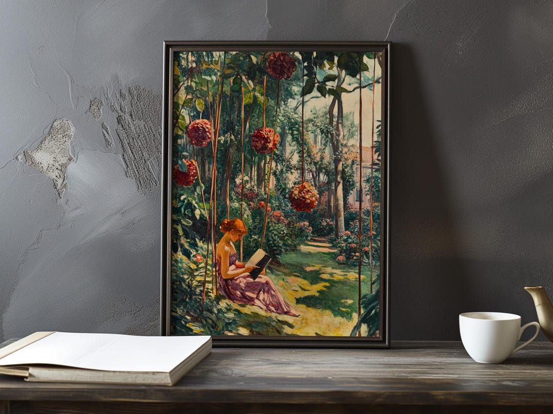Red-Haired Woman Reading A Book On A Swing In A Garden Poster