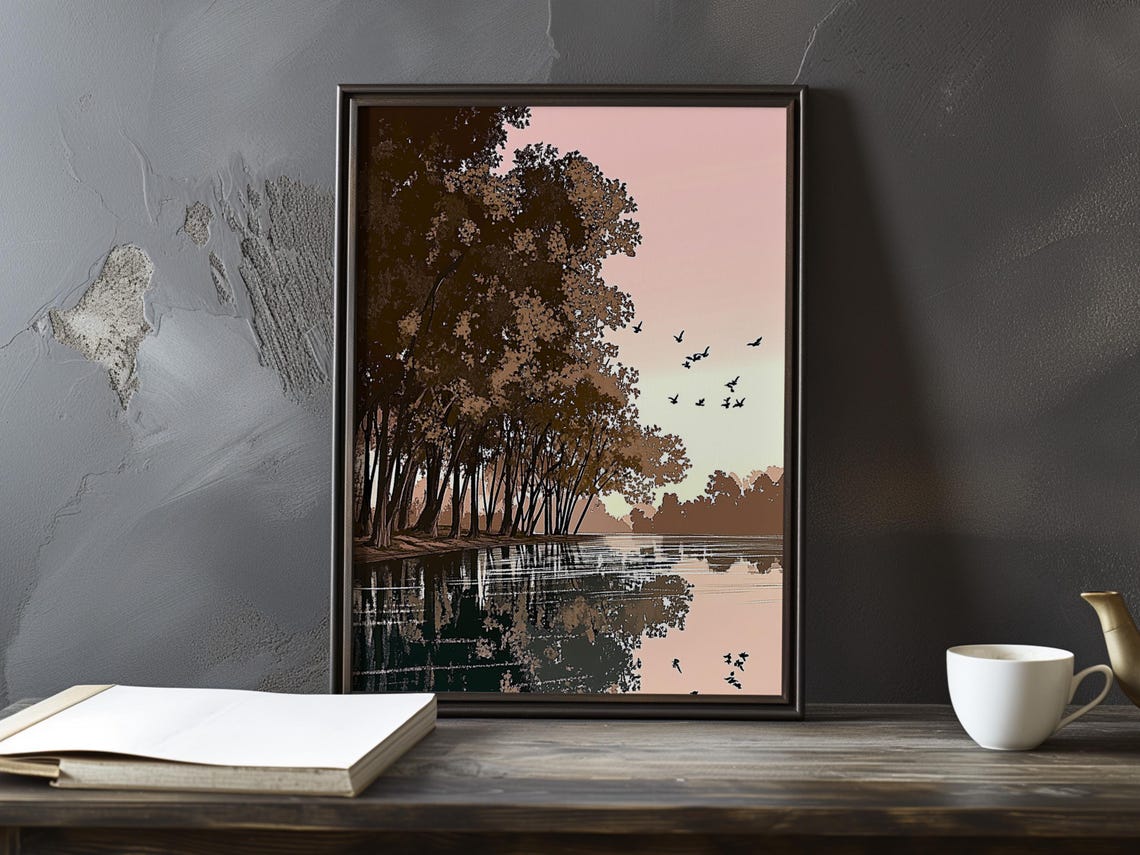 Pink Dawn Silhouette Trees by the Lake with Flying Birds Poster