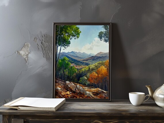 Cezanne-Inspired Autumn Valley View with Blue Mountains Poster