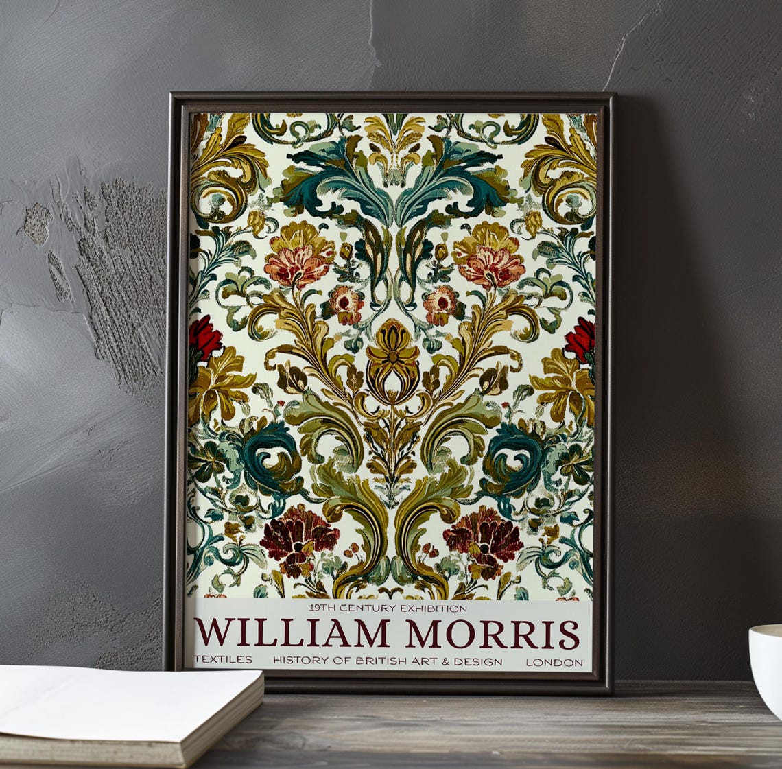 William Morris Ornate Teal Gold Damask Floral Pattern on Ivory Poster
