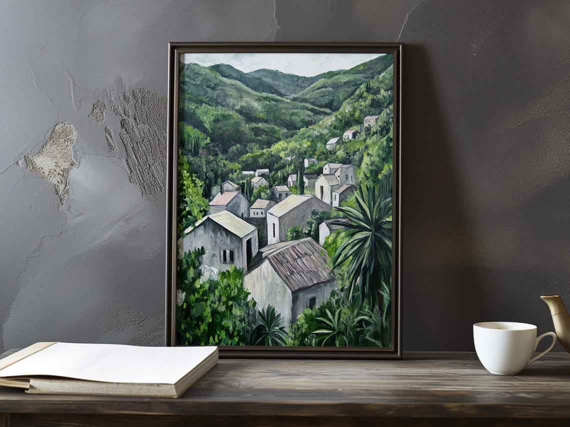 Grey Stone Village Scattered Across A Green Mountain Valley Poster