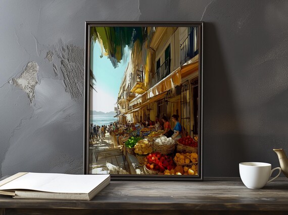 Colorful Seaside Market Lane With Produce Baskets Painting Poster