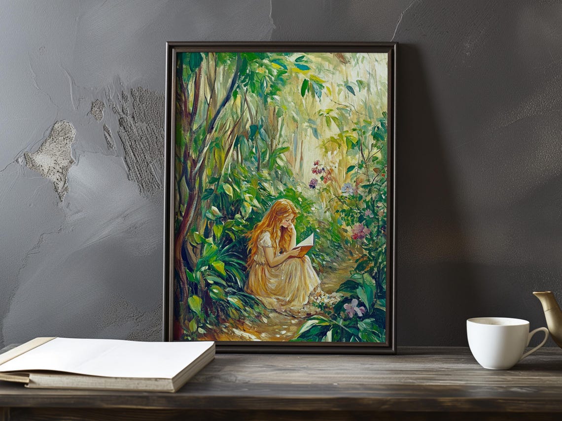 Young Woman Reading A Book In A Lush Green Garden Setting Poster