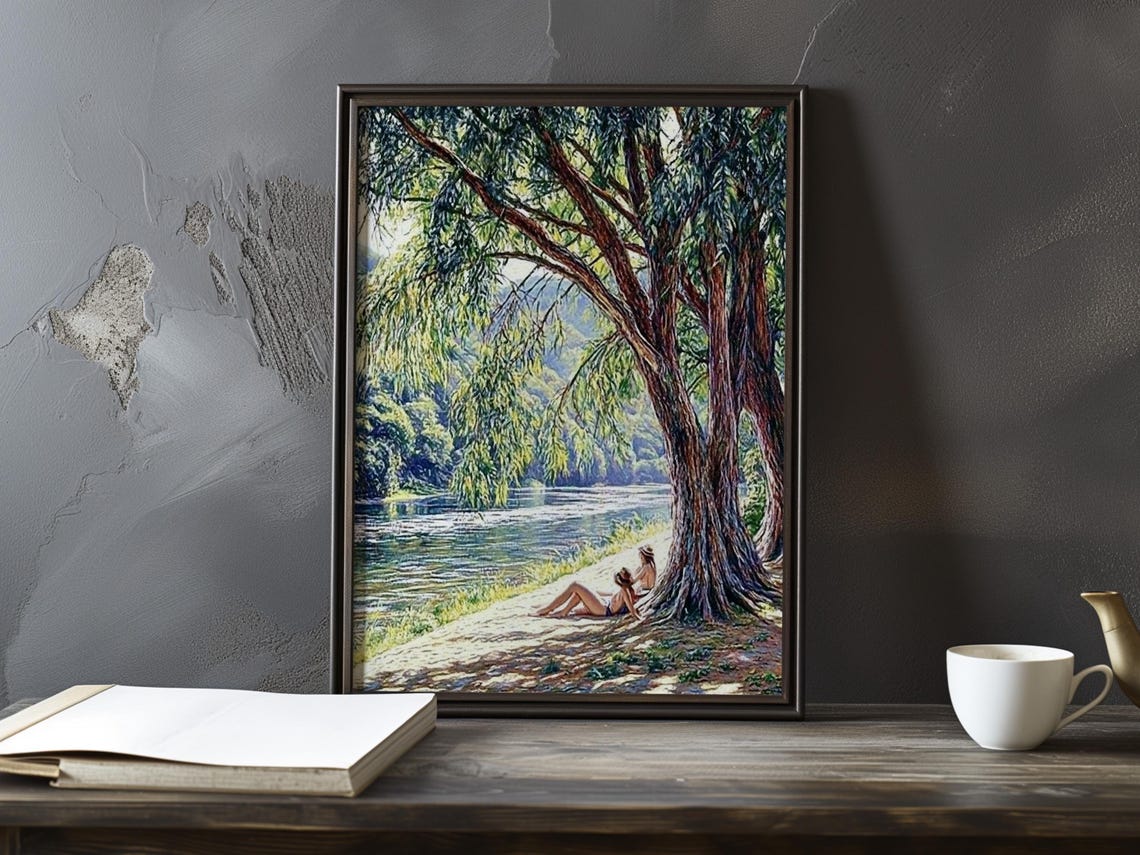 Two Sunbathers Resting Under a Leaning Tree by the River Poster