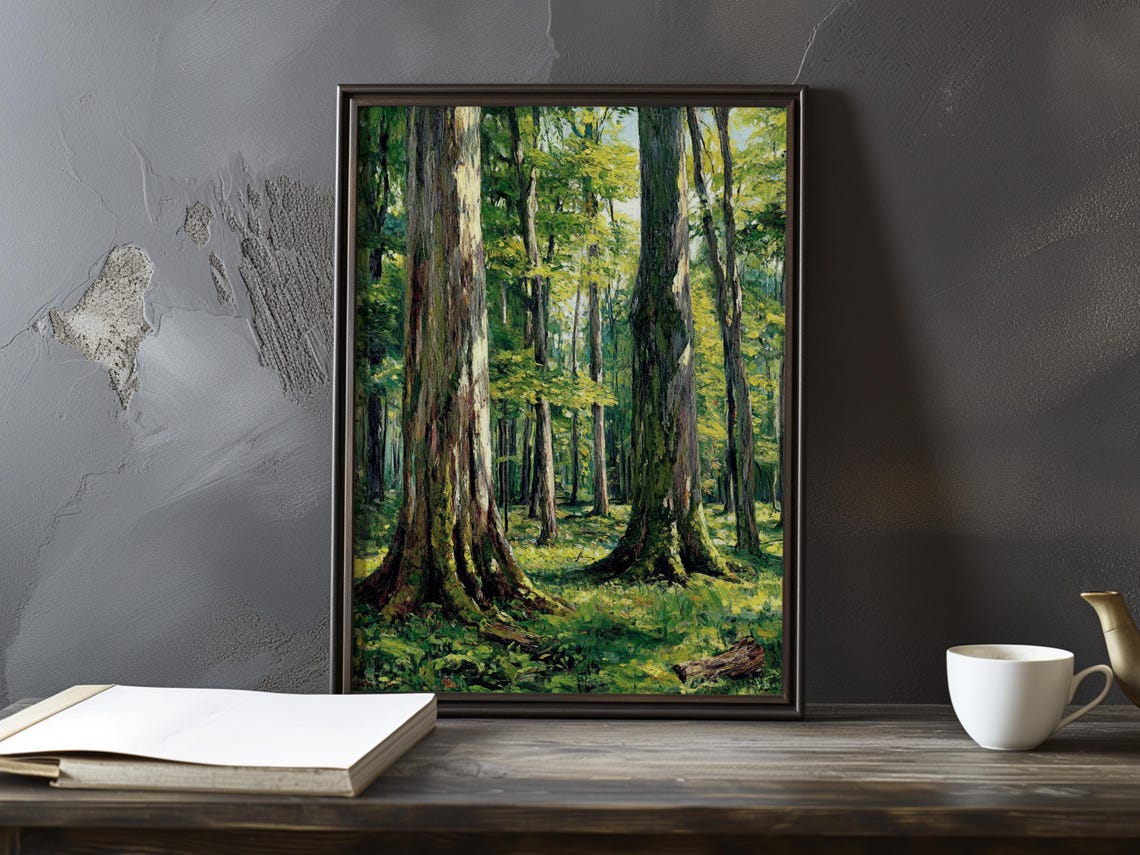 Two Giant Mossy Trees in a Lush Green Forest Impressionist Poster