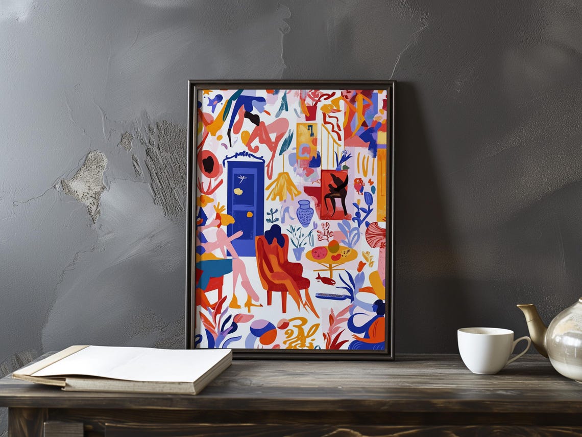 Vibrant Abstract Interior Scene with Figures Fauvist Art Poster