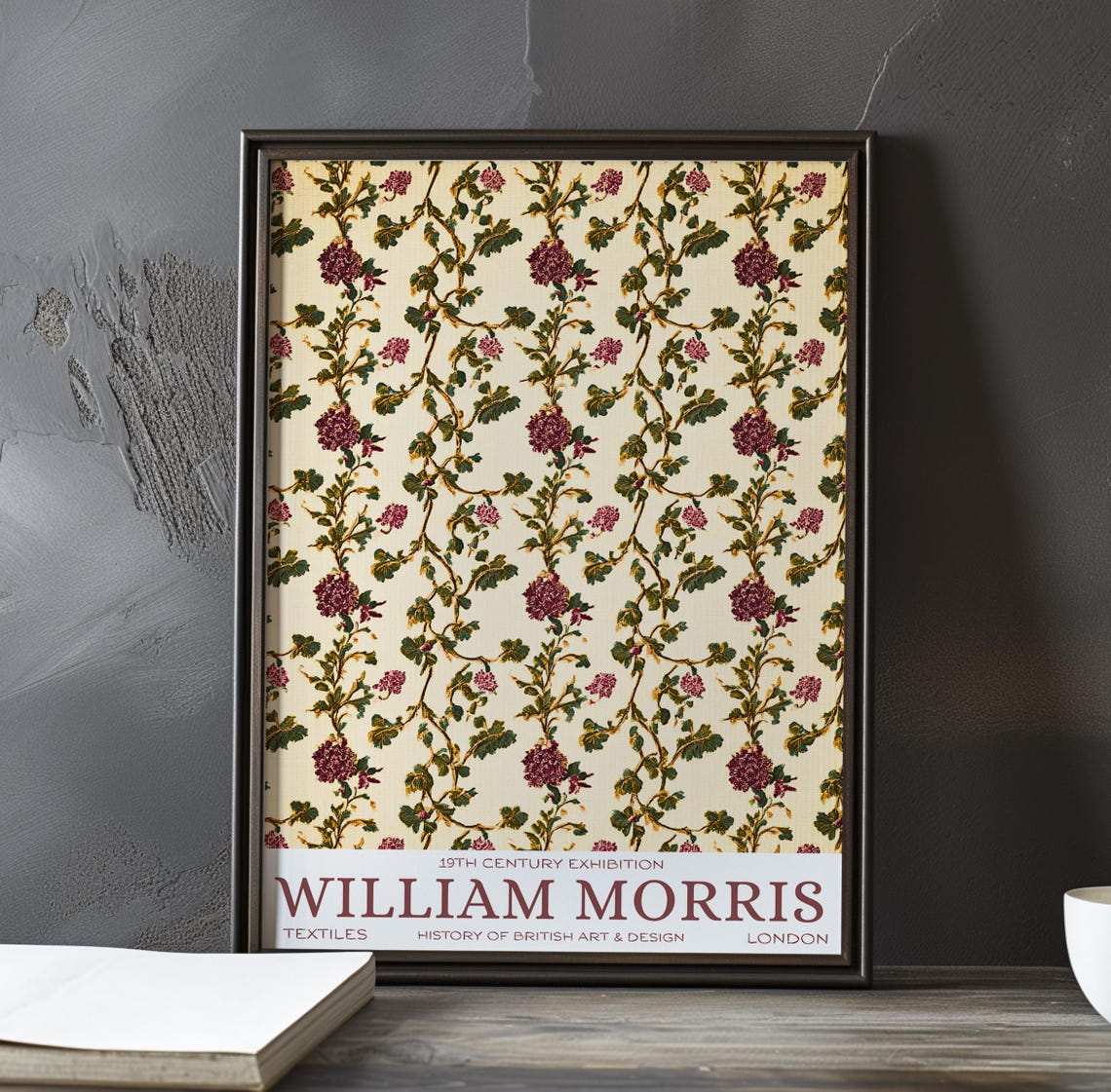 William Morris Burgundy Pompon Flowers Cream Trellis Textile Poster