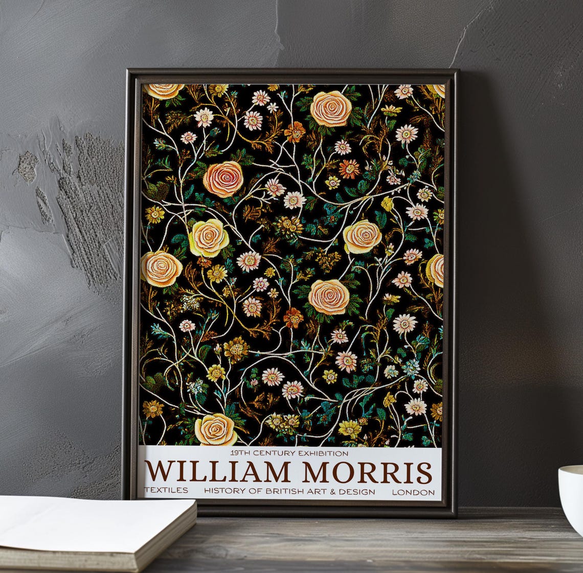 William Morris Peach Roses and Daisies Floral Pattern Black Poster