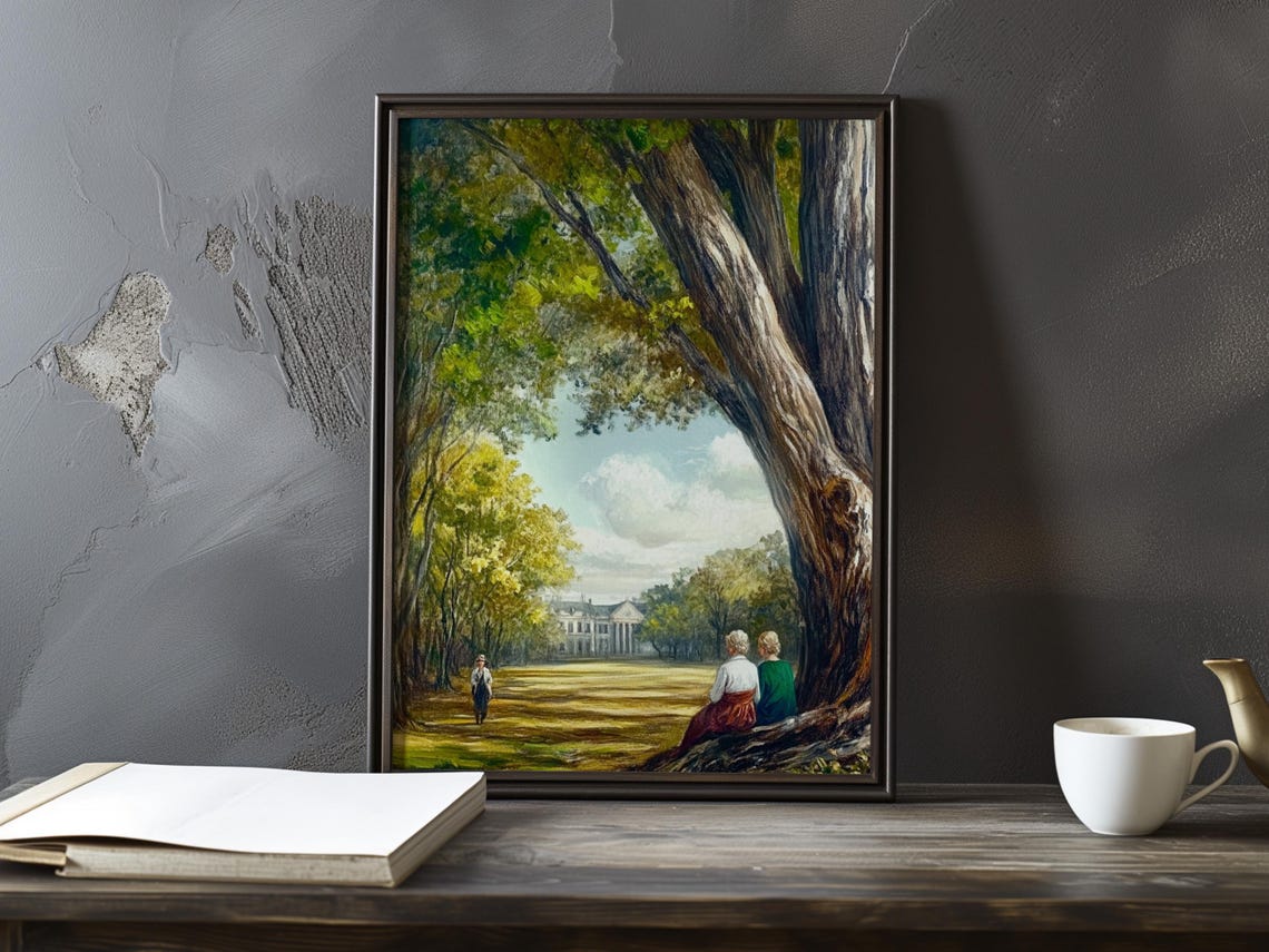 Two Women Under A Great Tree Overlooking A Grand Estate Poster