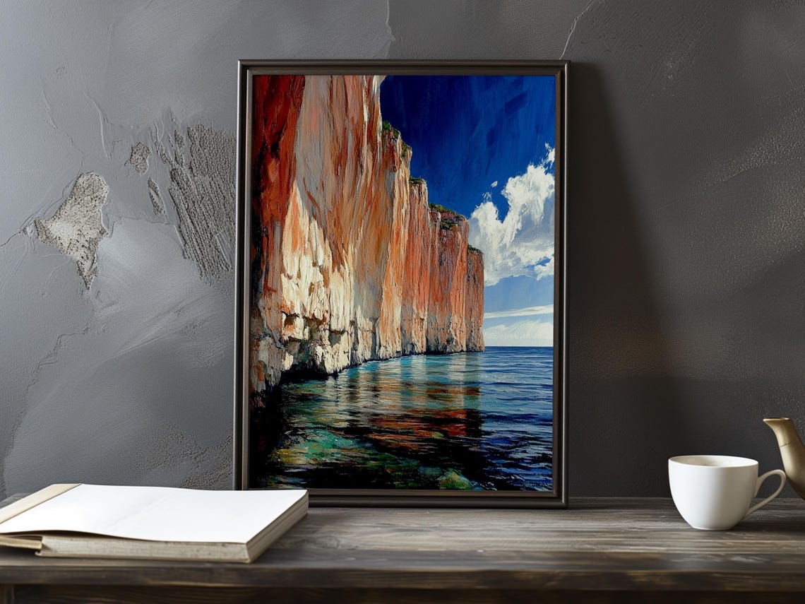 Tall Red Cliff Under a Dramatic Cloudy Sky Impressionist Poster