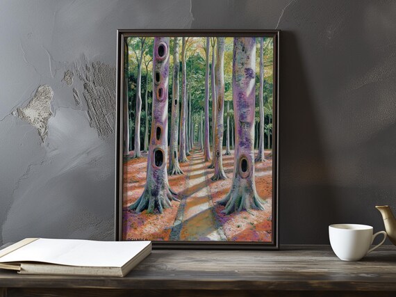 Knotty Lavender Tree Trunks In A Sunlit Dappled Forest Poster