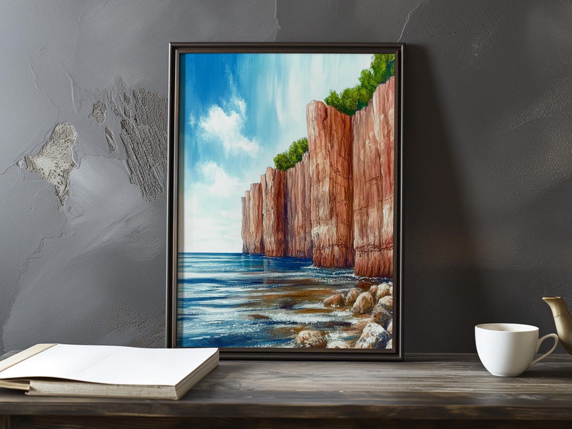 Tall Red Sea Cliffs Under a Bright Blue Sky Impressionist Poster