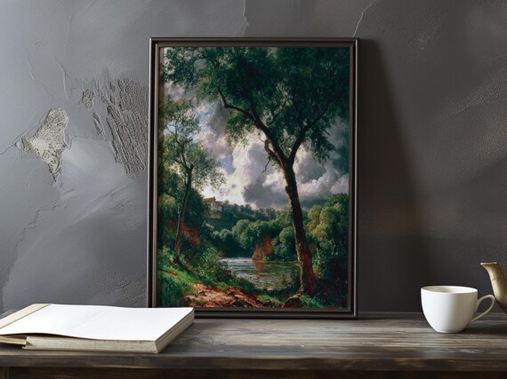 Shaded Riverbend Under Brooding Storm Clouds Impressionist Poster