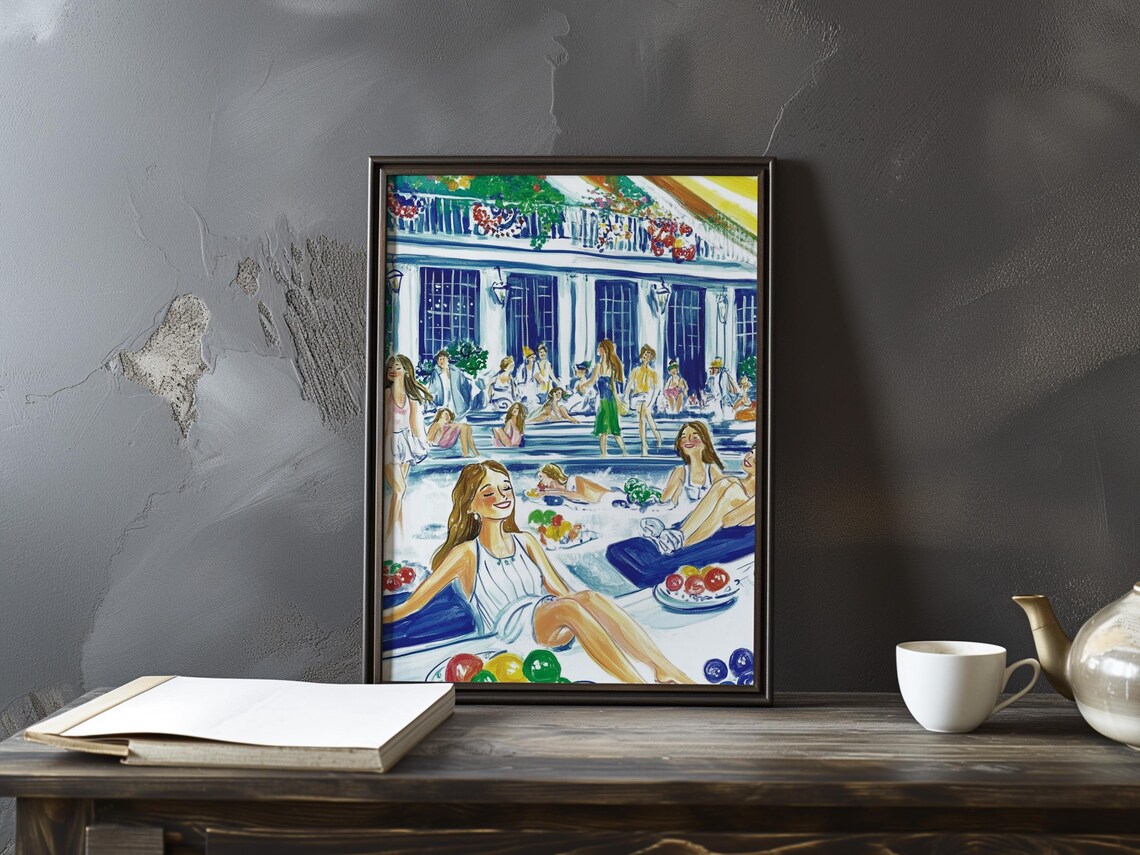 Women Relaxing at a Villa Pool with Fruit Plates Fauvist Art Poster
