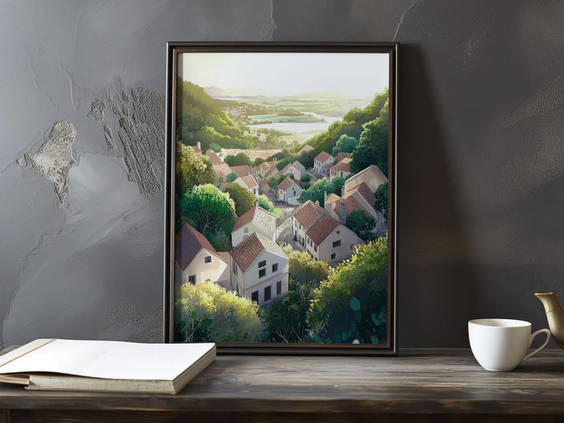 Sunlit Village Rooftops from Hilltop with River Valley Poster