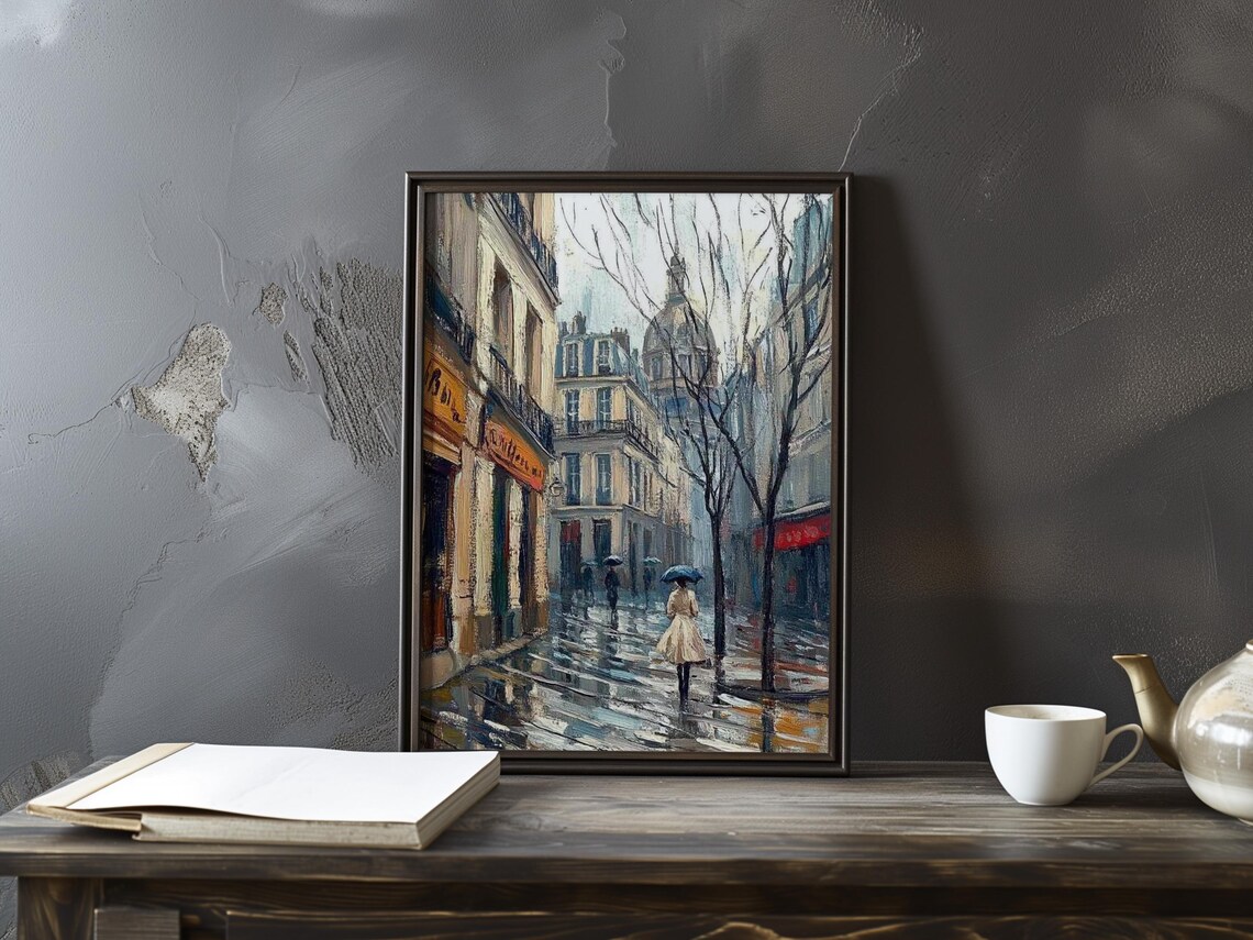 Woman With Blue Umbrella on a Rainy Paris Shop Street Poster