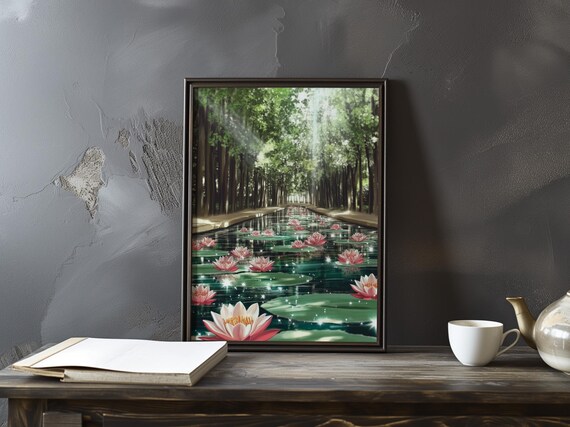 Midnight Lotus Canal Pink Blossoms Sparkling Dark Water Garden Poster