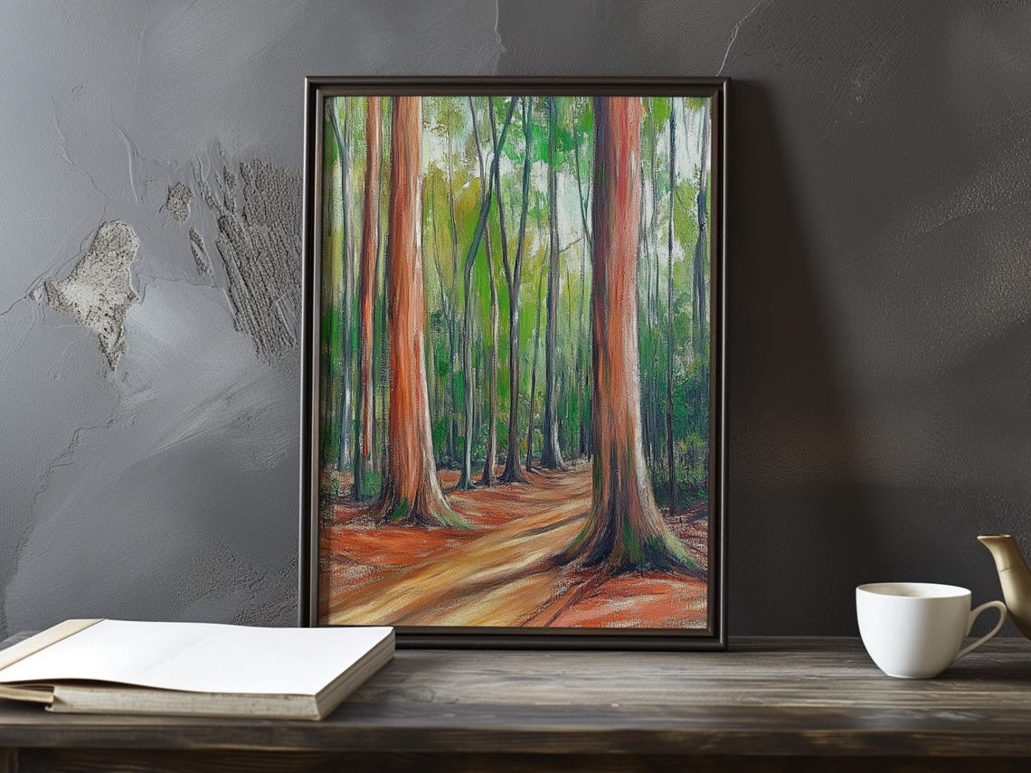 Tall Reddish Trees Over A Sunlit Orange Forest Pathway Poster