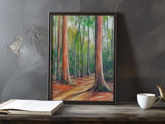 Tall Reddish Trees Over A Sunlit Orange Forest Pathway Poster
