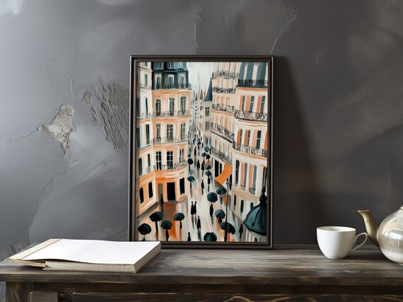 Rainy Paris Boulevard with Umbrellas Impressionist Street Art Poster