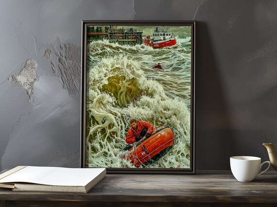 Fisherman Clinging To An Orange Life Raft In Raging Sea Waves Poster