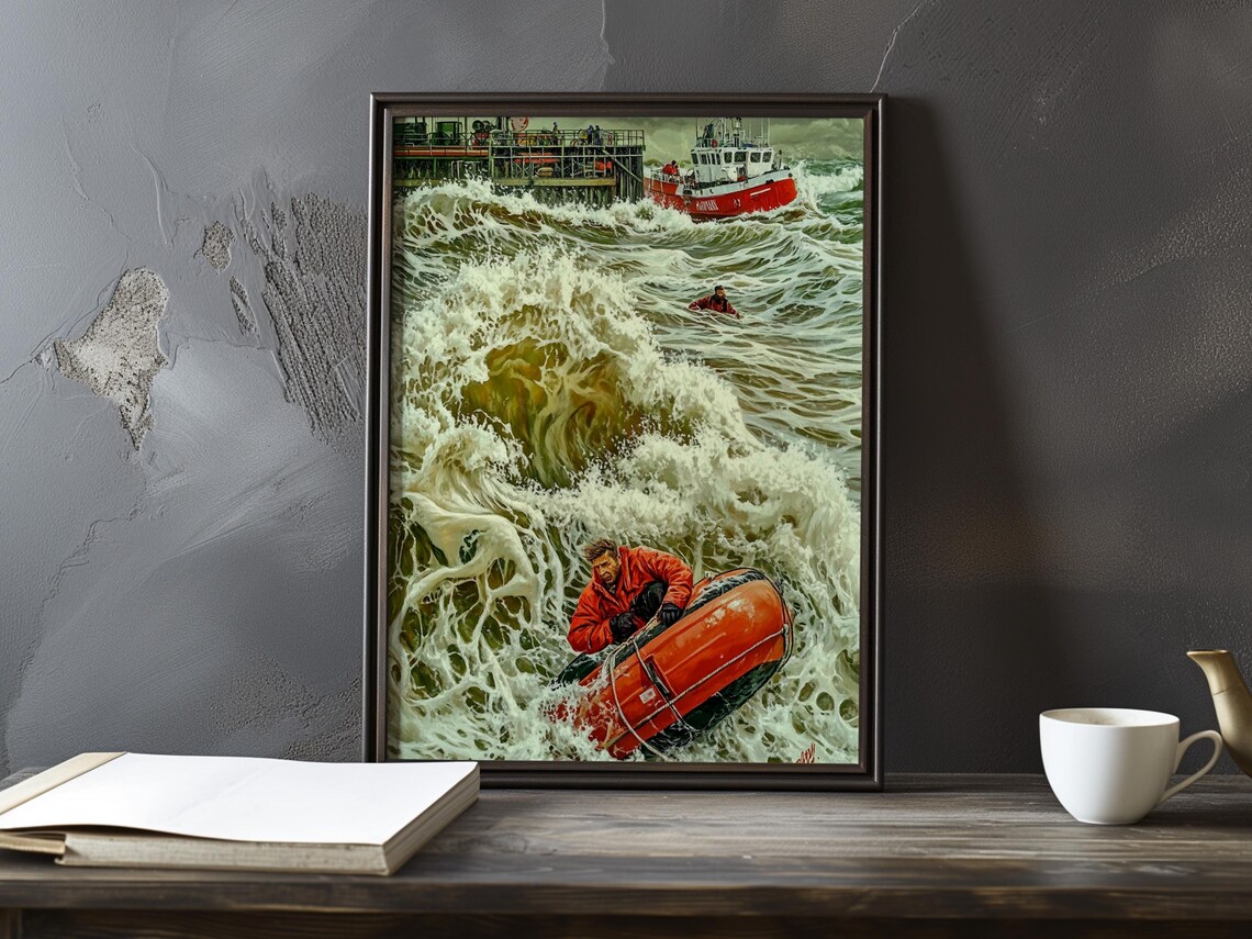 Fisherman Clinging To An Orange Life Raft In Raging Sea Waves Poster